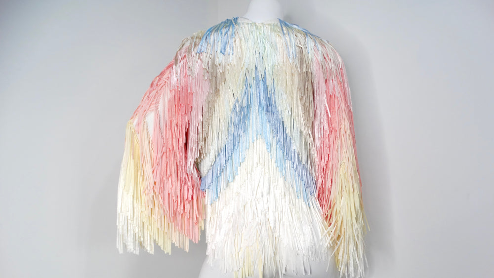 Italian Colorful Pastel Silk Ribbon Fringe Crochet Jacket