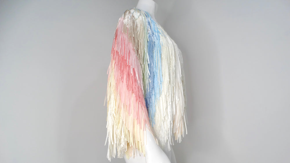 Italian Colorful Pastel Silk Ribbon Fringe Crochet Jacket