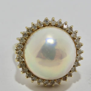 1960s Pearl Diamond 14K Cocktail Gold Ring