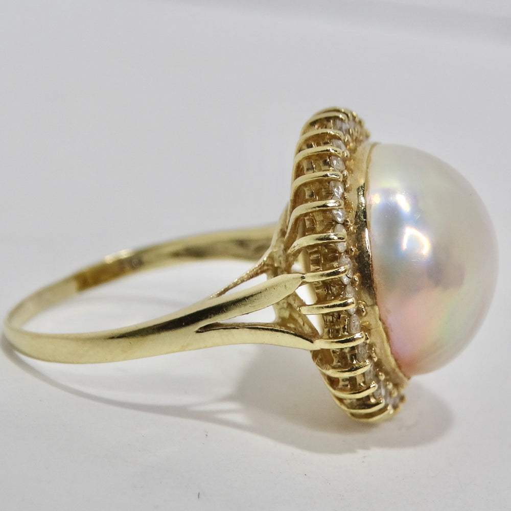 1960s Pearl Diamond 14K Cocktail Gold Ring