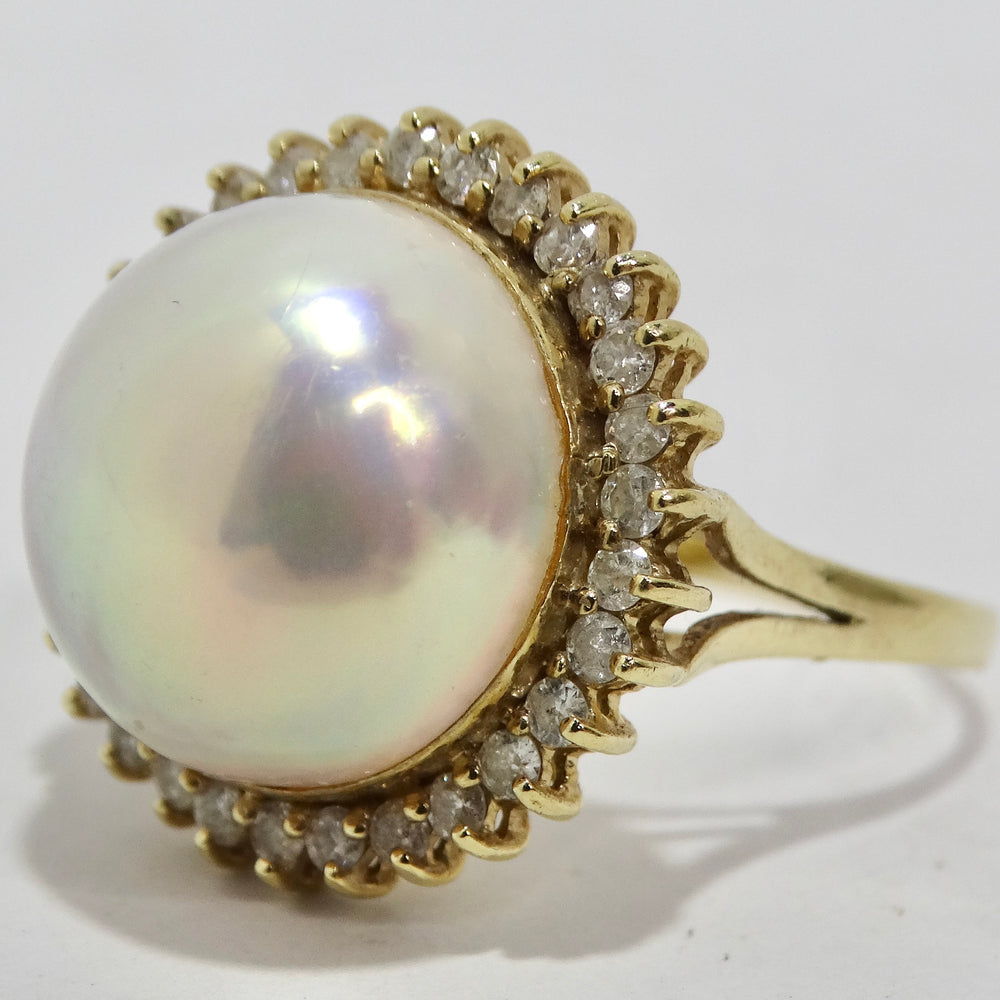 1960s Pearl Diamond 14K Cocktail Gold Ring