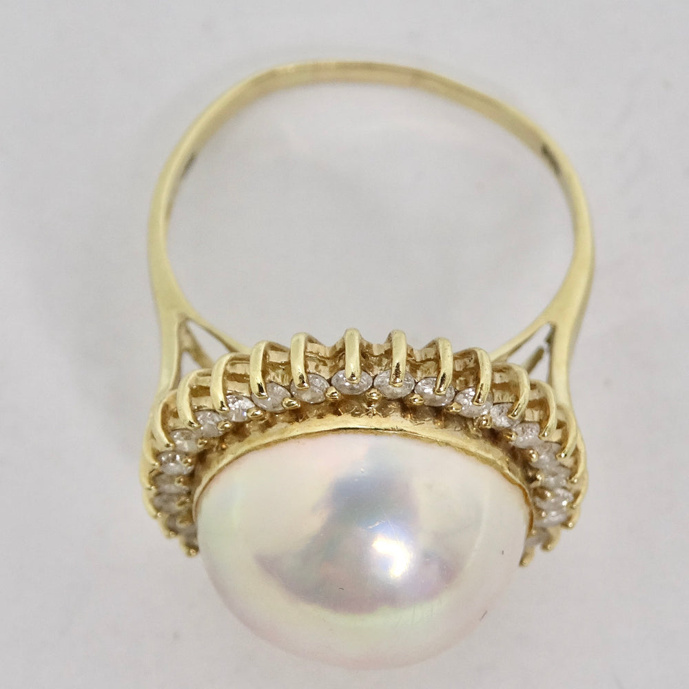 1960s Pearl Diamond 14K Cocktail Gold Ring