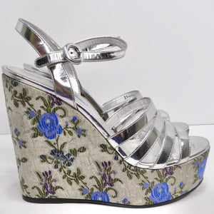 Prada Metallic Silver Floral Jacquard Leather Wedge Sandals