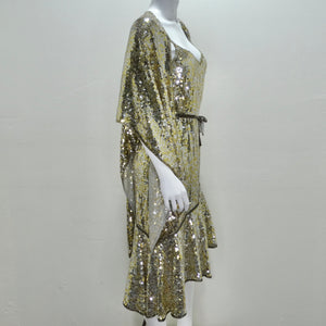 1980s Capriccio Gold Sequin Embellished Dress, Shawl & Belt Set 1980s Capriccio Gold Sequin Embellished Dress, Shawl & Belt Set