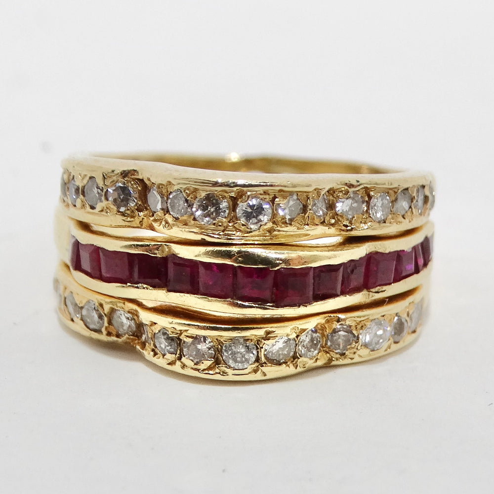Van Cleef Inspired Set of Four Diamond, Ruby, Emerald, Sapphire 18K Gold Rings