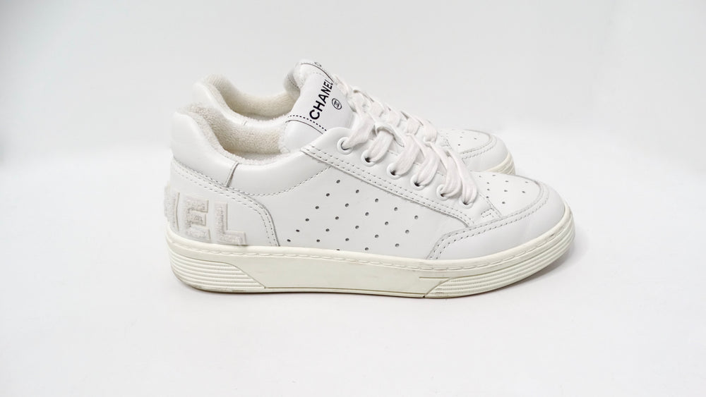 Chanel 2020 White Calfskin Perforated Leather Logo Sneakers