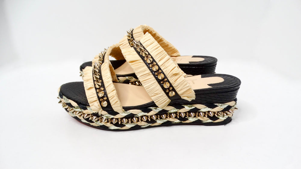 Christian Louboutin Voltinoudou Raffia Studded Platform Wedge Sandals