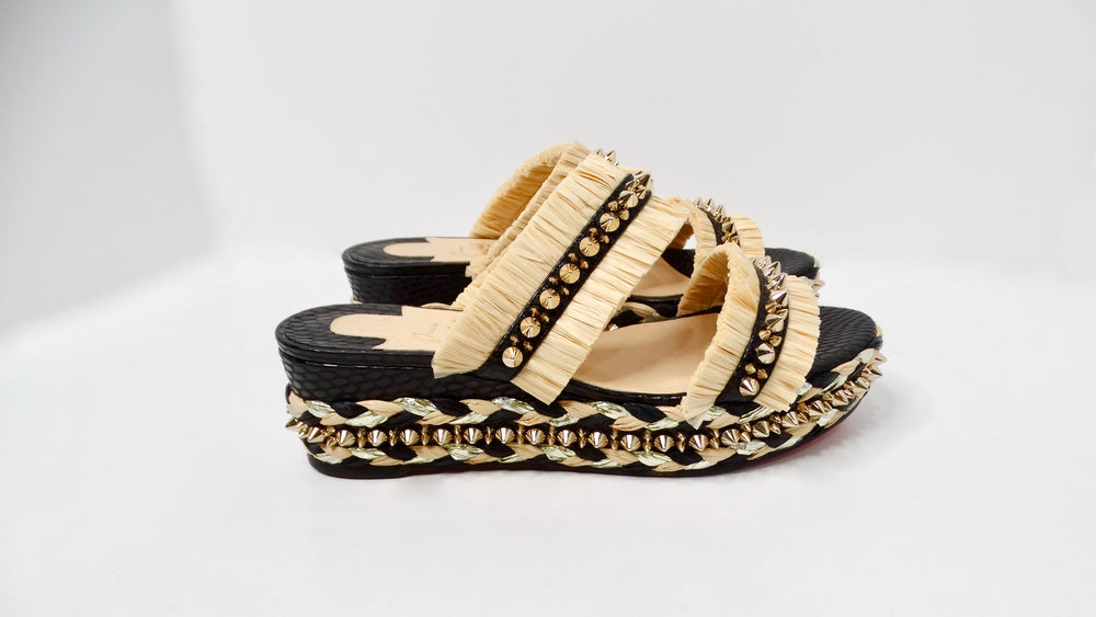 Christian Louboutin Voltinoudou Raffia Studded Platform Wedge Sandals