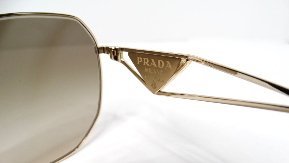 Prada 57Y Gold-Tone Metal Frame Logo Aviator Sunglasses