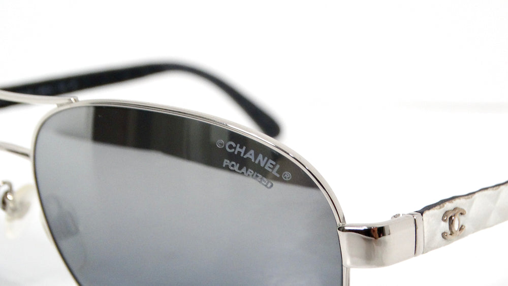 Chanel White Lambskin Quilted Aviator Sunglasses With Polarized Lenses