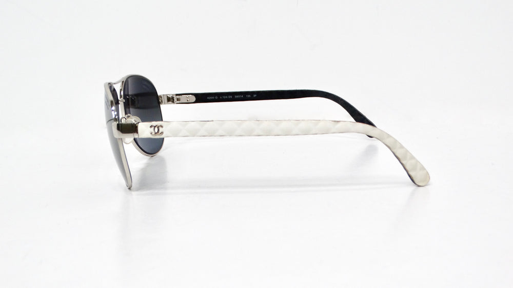 Chanel White Lambskin Quilted Aviator Sunglasses With Polarized Lenses