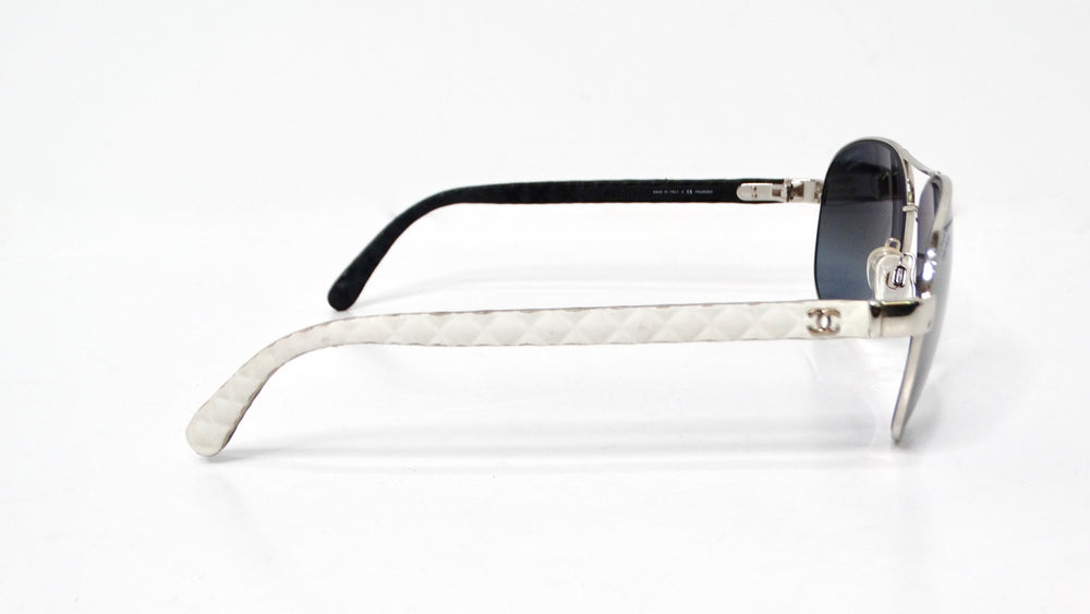 Chanel White Lambskin Quilted Aviator Sunglasses With Polarized Lenses