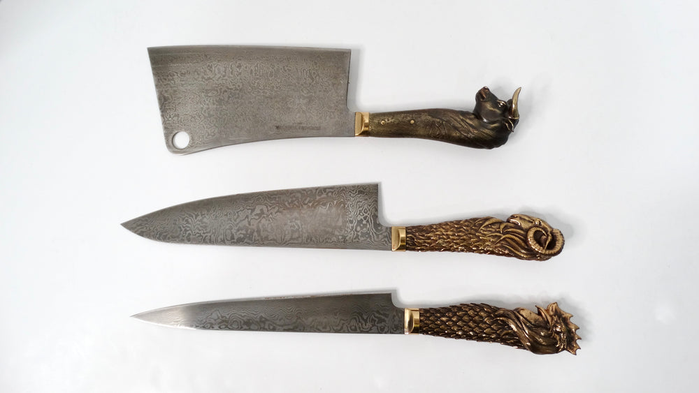 Stephen Webster Beasts Chef's Knives With Bronze Handles & Damascus Steel Blades