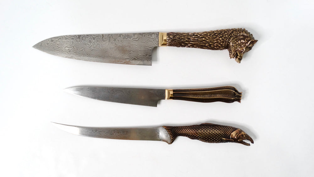 Stephen Webster Beasts Chef's Knives With Bronze Handles & Damascus Steel Blades