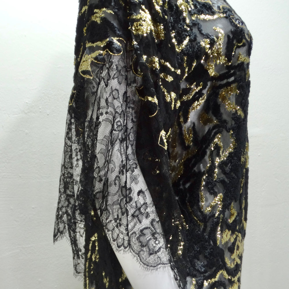 1980s Black Metallic Gold Lace Dress