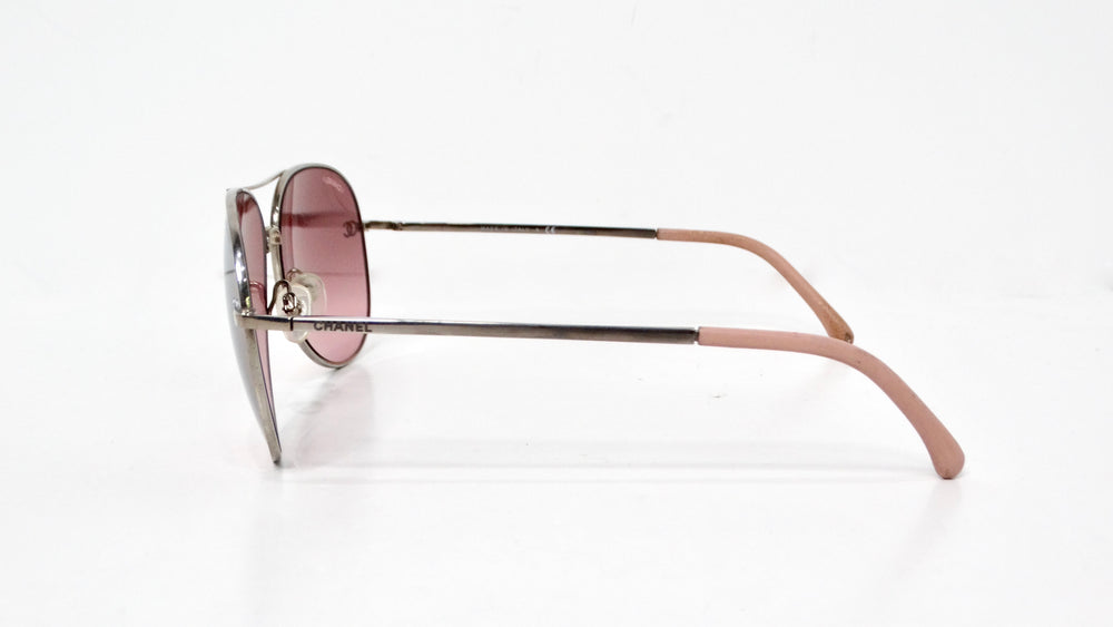 Chanel Pink & Silver-Tone Metal Frame Pilot Aviator Sunglasses