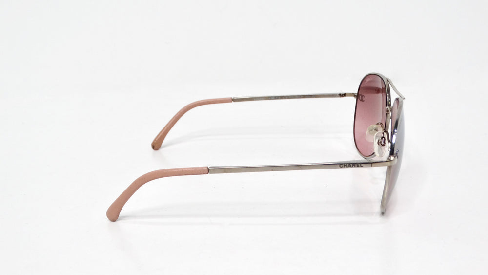 Chanel Pink & Silver-Tone Metal Frame Pilot Aviator Sunglasses