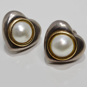 18K Gold Silver Pearl 1960s Heart Earrings