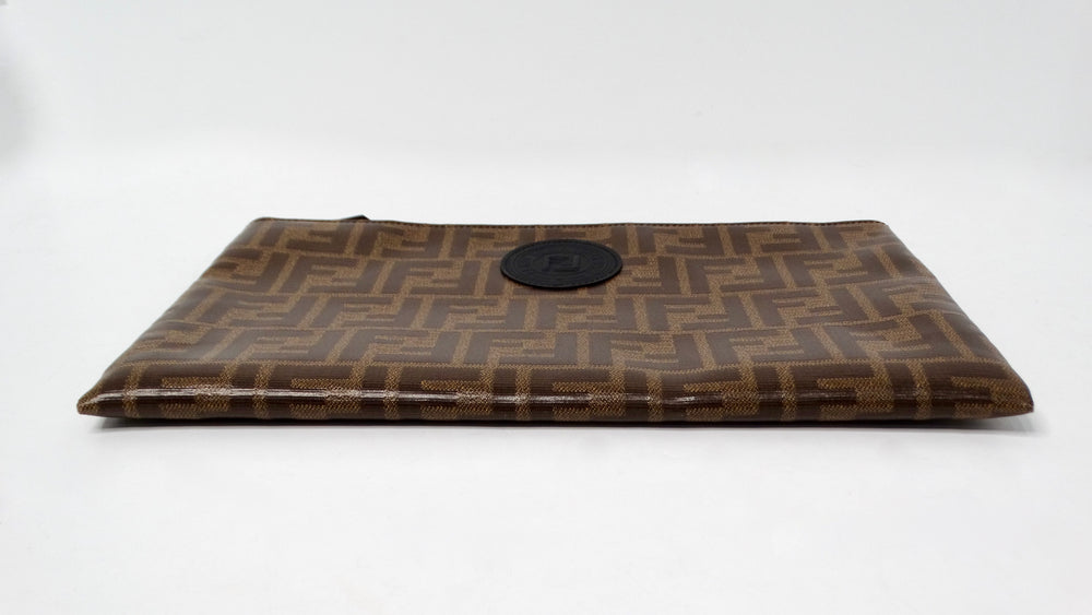 Fendi Brown Zucca Coated Canvas Leather Zip Pouch