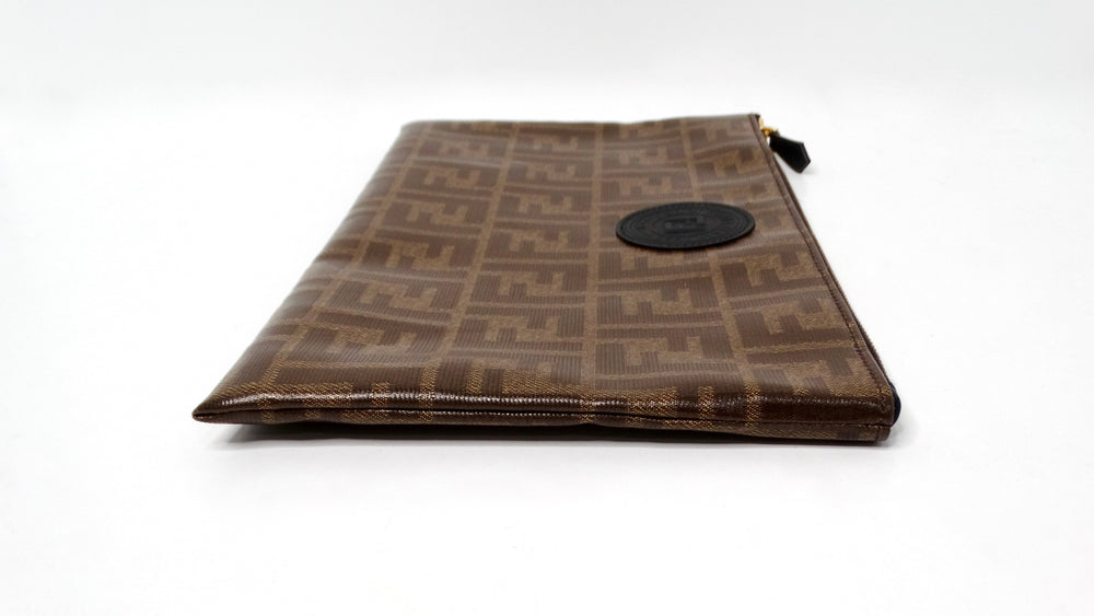 Fendi Brown Zucca Coated Canvas Leather Zip Pouch