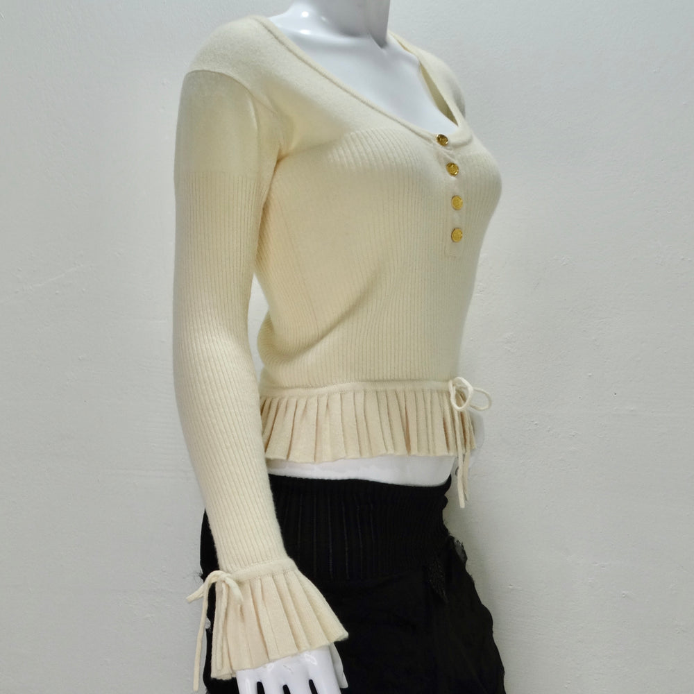 Chanel 1990s Ruffle Trim Tie Knit Cashmere Sweater – Vintage by Misty