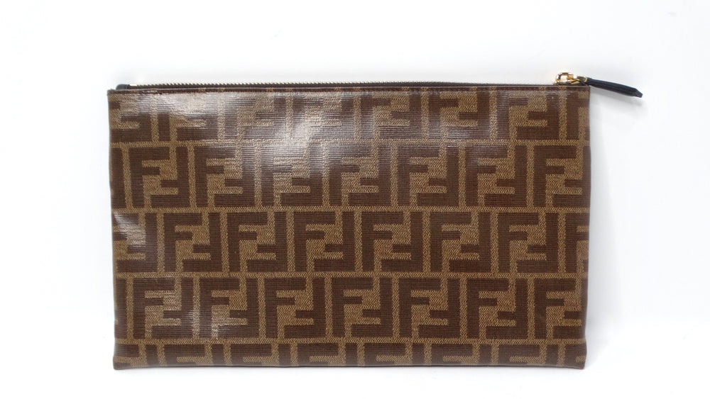 Fendi Brown Zucca Coated Canvas Leather Zip Pouch