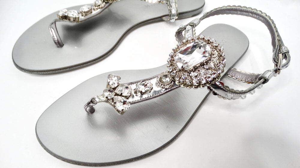 Dolce & Gabbana Silver Leather T-Strap Sandals With Crystal Embellishments