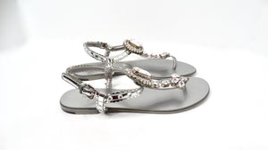 Dolce & Gabbana Silver Leather T-Strap Sandals With Crystal Embellishments