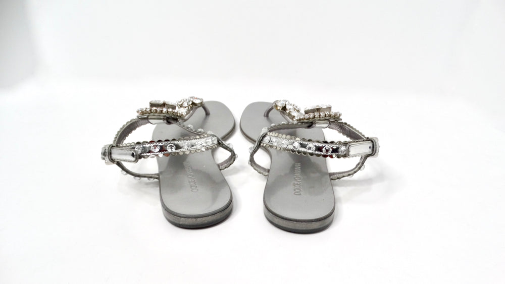 Dolce & Gabbana Silver Leather T-Strap Sandals With Crystal Embellishments