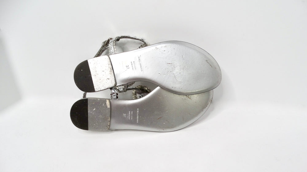 Dolce & Gabbana Silver Leather T-Strap Sandals With Crystal Embellishments