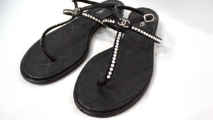 Chanel Black Lambskin Leather Interlocking CC Rhinestone Thong Sandals