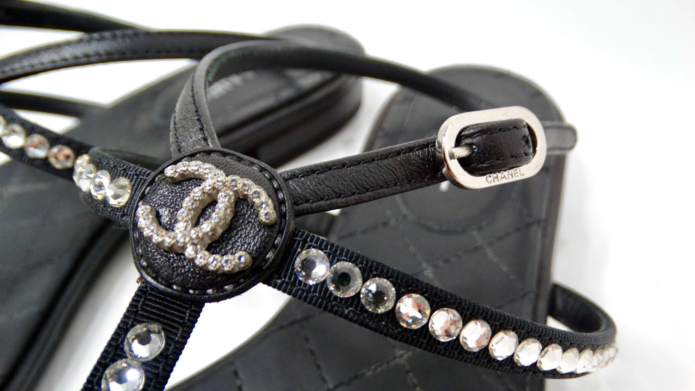 Chanel Black Lambskin Leather Interlocking CC Rhinestone Thong Sandals