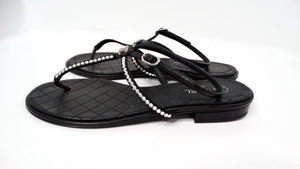 Chanel Black Lambskin Leather Interlocking CC Rhinestone Thong Sandals