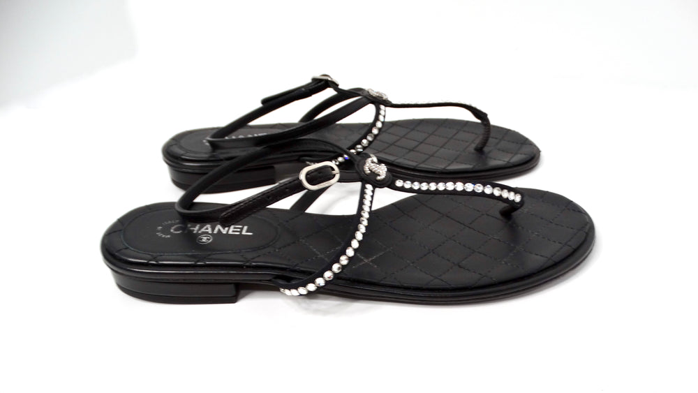 Chanel Black Lambskin Leather Interlocking CC Rhinestone Thong Sandals