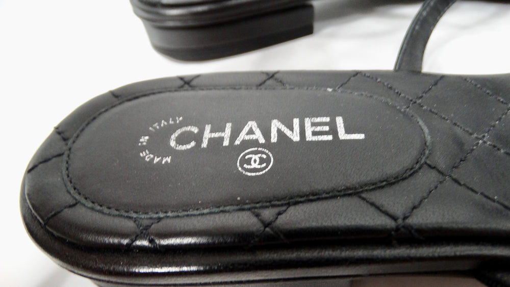 Chanel Black Lambskin Leather Interlocking CC Rhinestone Thong Sandals