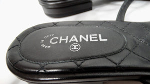 Chanel Black Lambskin Leather Interlocking CC Rhinestone Thong Sandals