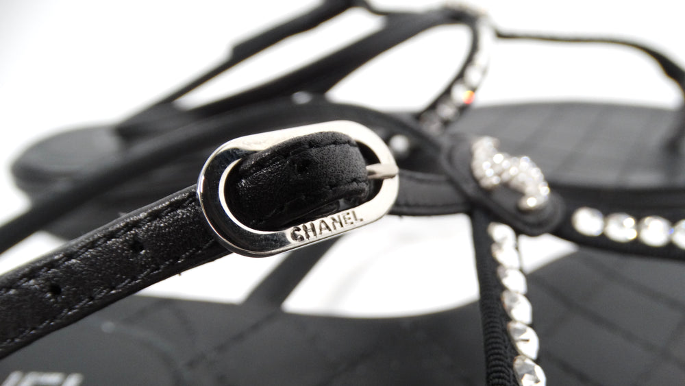 Chanel Black Lambskin Leather Interlocking CC Rhinestone Thong Sandals