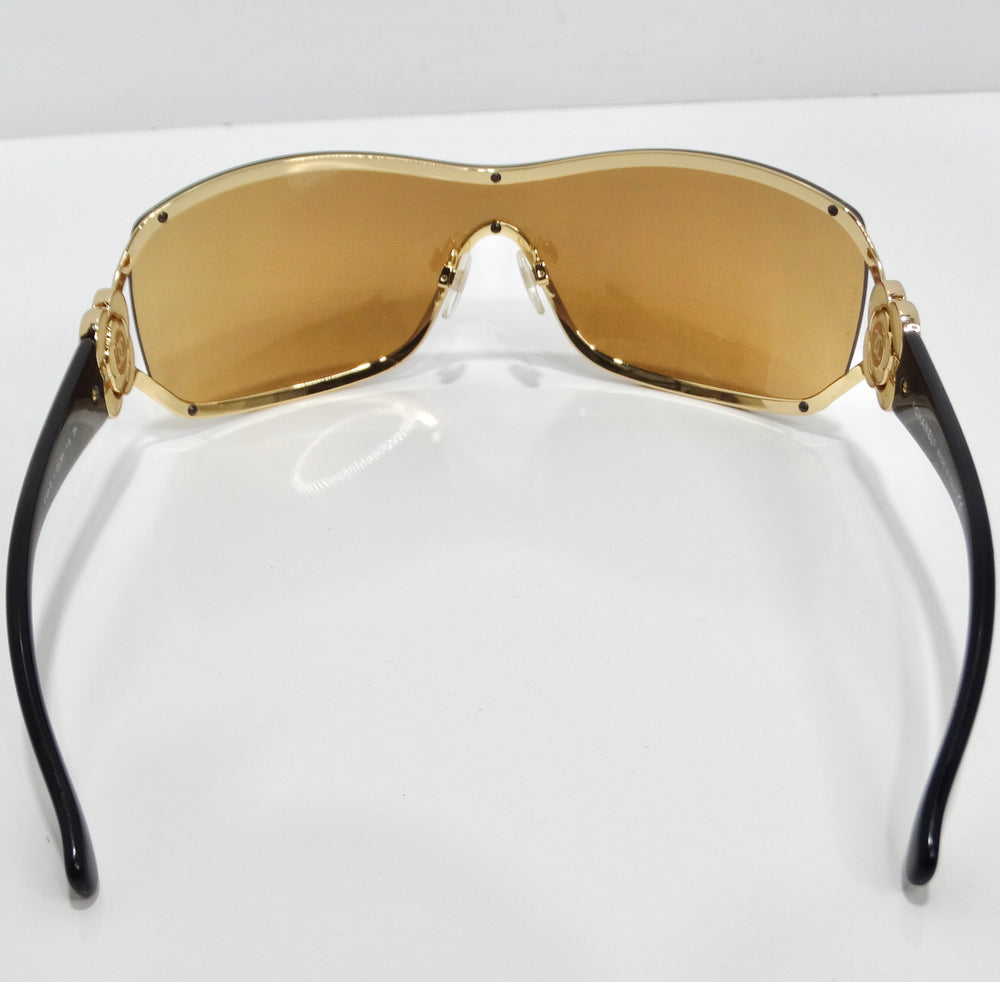 Chanel 1990s Gold Tone Camelia Shield Sunglasses
