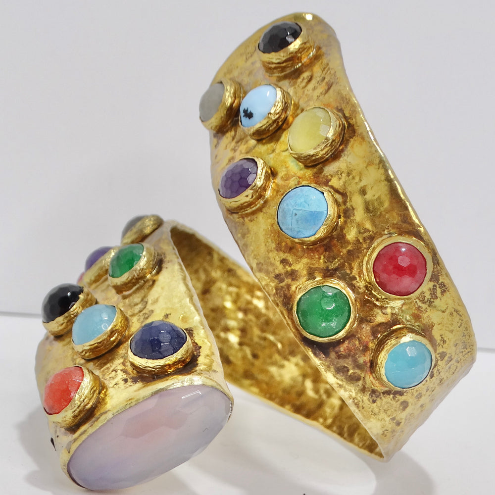 Rose Quartz (Three Stone) Gemstone Gold Bangle Cuff Bracelet ~ 