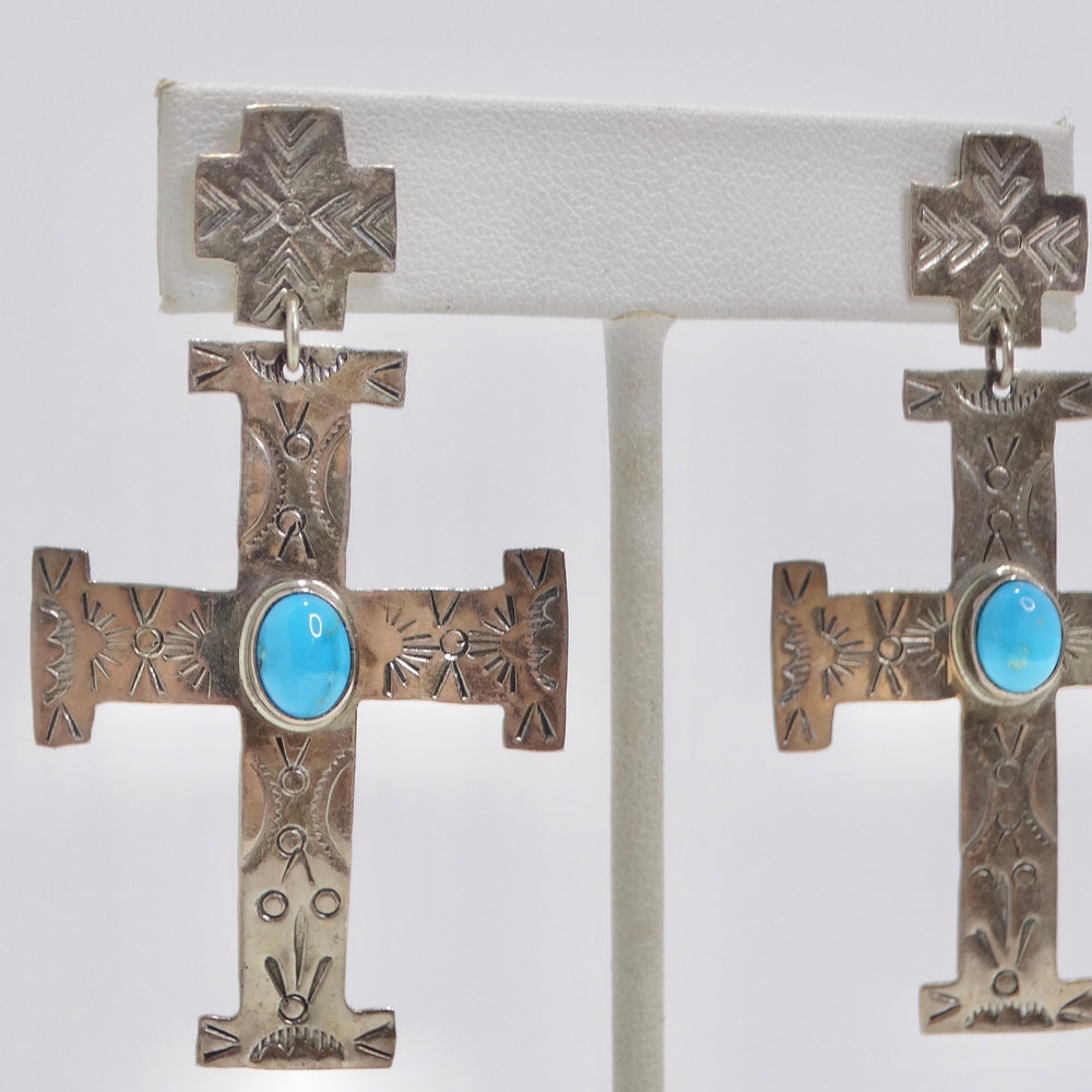 1960 Silver Turquoise Cross Earrings