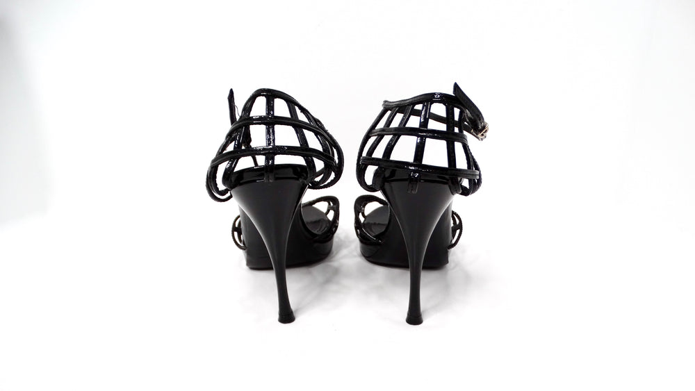 Yves Saint Laurent 2009 Black Patent Leather Cage Sandal Heels