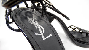 Yves Saint Laurent 2009 Black Patent Leather Cage Sandal Heels