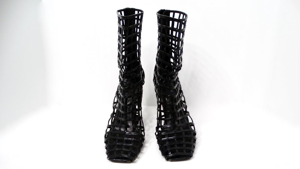 Yves Saint Laurent 2009 Runway Black Patent Leather Cage Boots