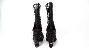 Yves Saint Laurent 2009 Runway Black Patent Leather Cage Boots