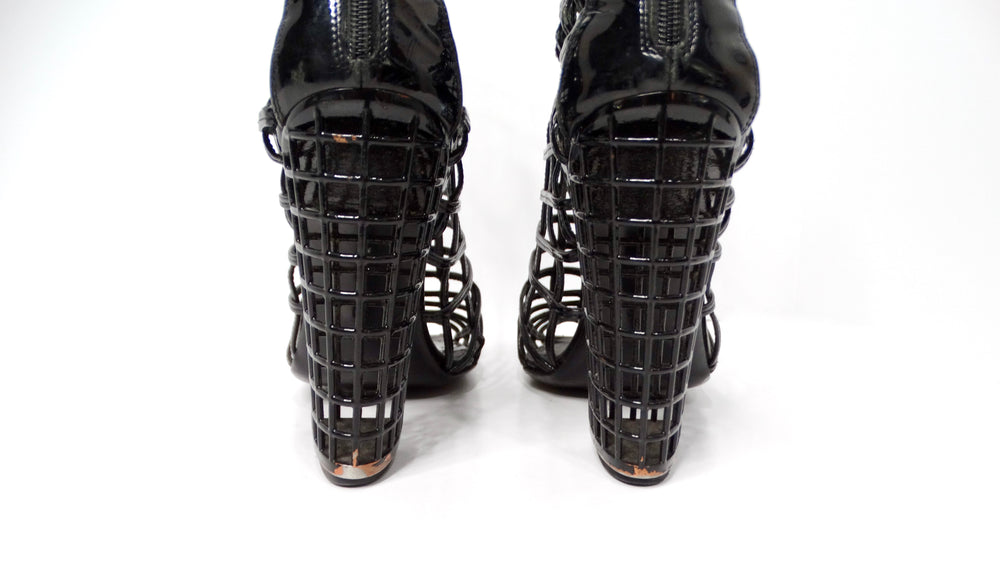 Yves Saint Laurent 2009 Runway Black Patent Leather Cage Boots