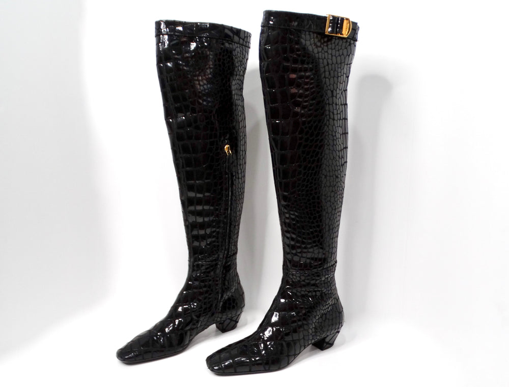 Tom Ford Black Crocodile Embossed Leather Knee Hight Boots