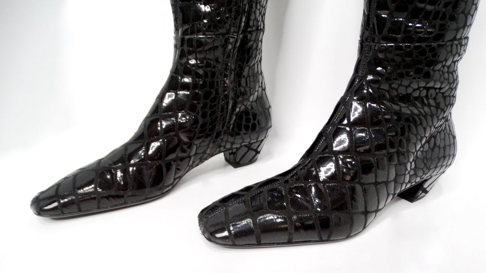 Tom Ford Black Crocodile Embossed Leather Knee Hight Boots