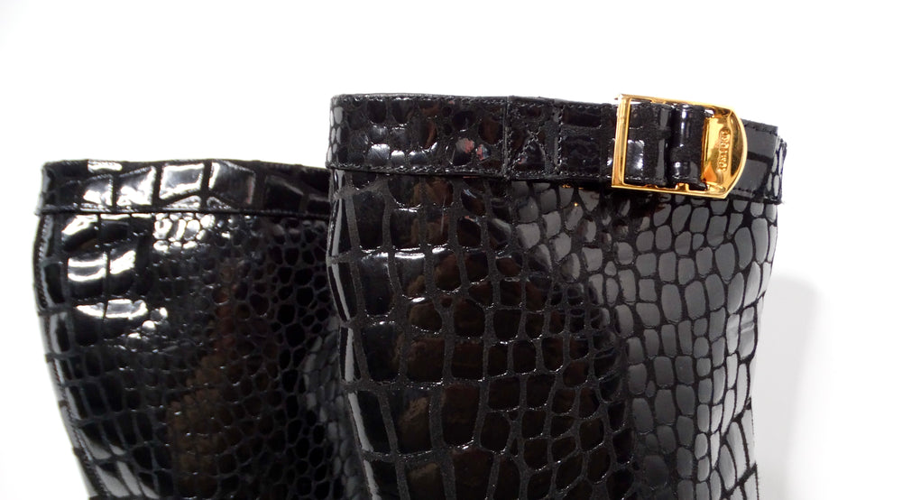 Tom Ford Black Crocodile Embossed Leather Knee Hight Boots