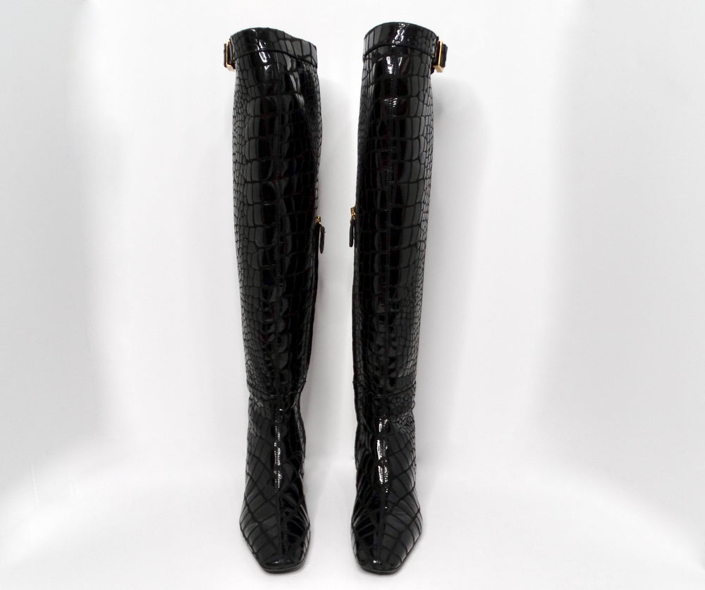 Tom Ford Black Crocodile Embossed Leather Knee Hight Boots