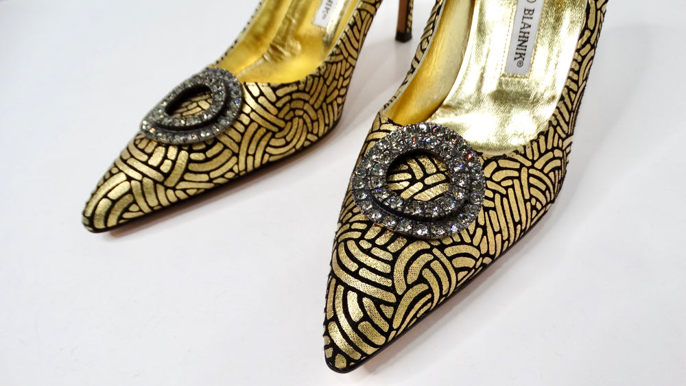 Manolo Blahnik Gold & Black Suede Printed Jewel Toe Pumps circa Y2K